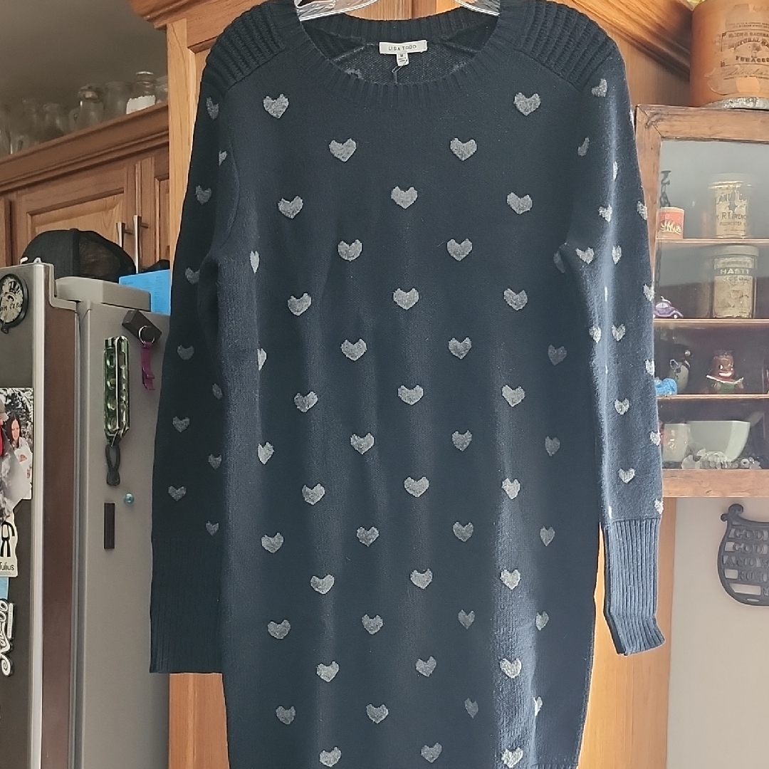Nwt Lisa Todd Heart Patterned Black Sweater Dress Medium